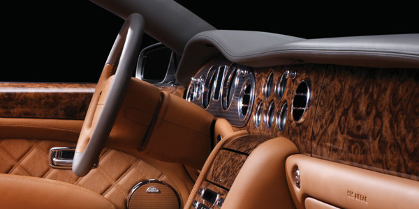 Azure T interior finished in Newmarket Tan and Porpoise leather hide with Burr Walnut wood veneer